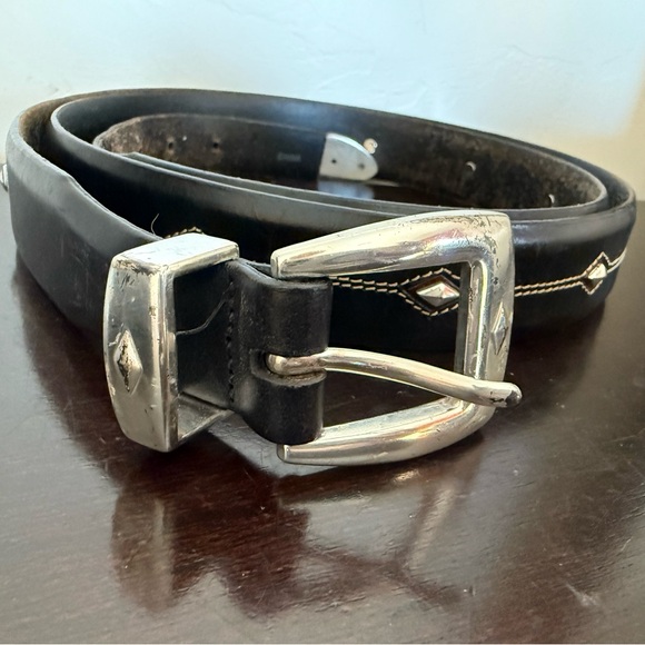 Brighton Black Leather Belt With Silver Diamonds Studs Size 54 overall 56”L